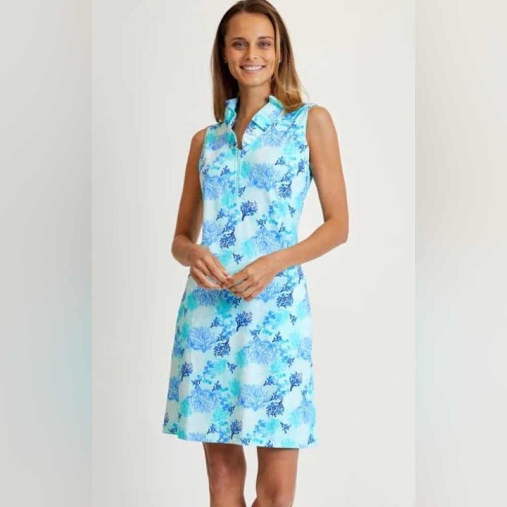 G LIFESTYLE | Coral Reef Aqua Ruffle Portrait Collar Sleeveless Dress
